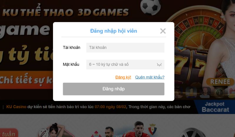Nhập thông tin đăng nhập Kubet